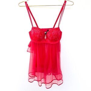 Victoria's Secret Hot Pink Padded Lace Bejeweled Bra Mesh Babydoll Lingerie 34C